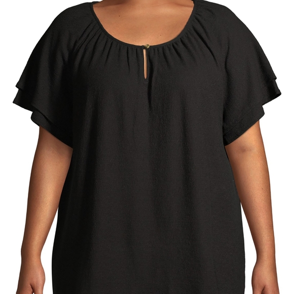 Terra &Sky NWT Black Textured Peasant Short Sleeve Top - Picture 1 of 9